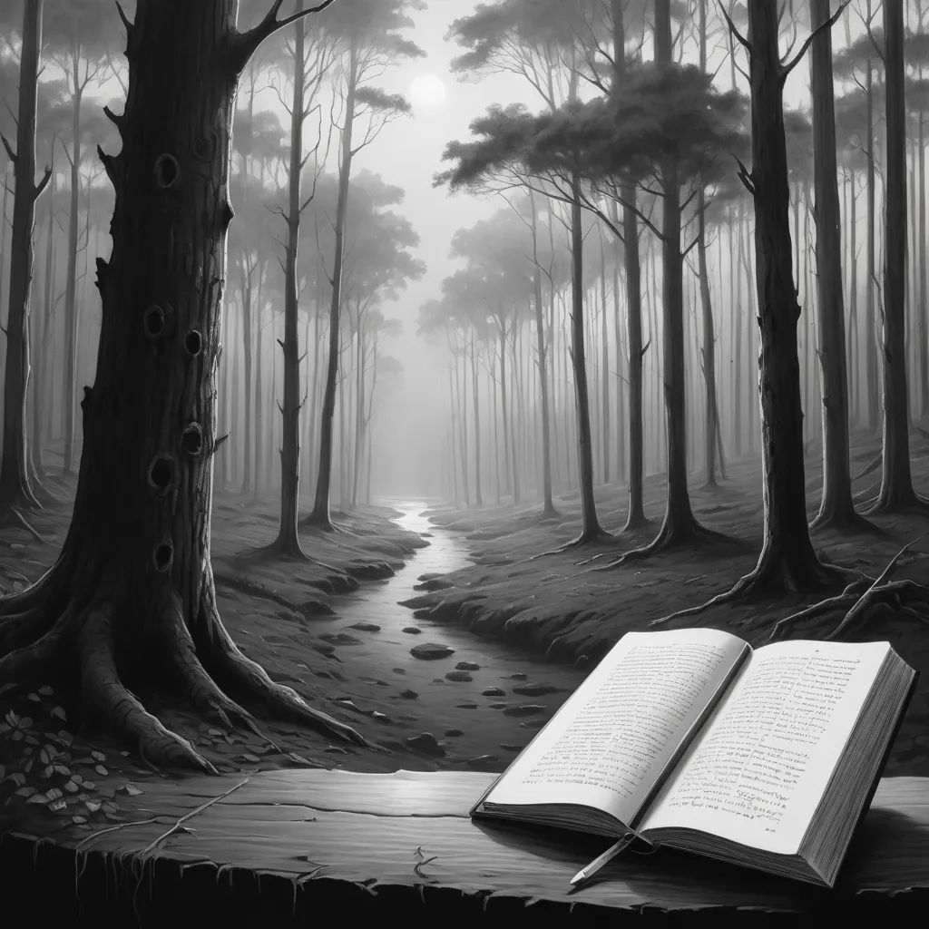 a book is open on a table in a forest with a stream running through it and a path leading to the trees, magical realism, a storybook illustration, Cyril Rolando, storybook illustration
