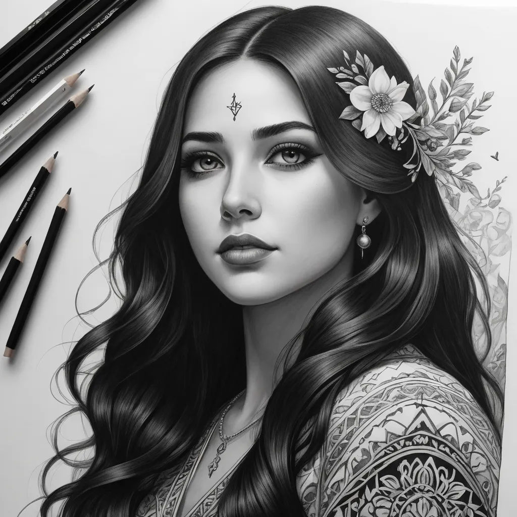 a drawing of a woman with long hair and a flower in her hair, with a pencil in her hand, gothic art, a detailed drawing, Artgerm, detailed drawing