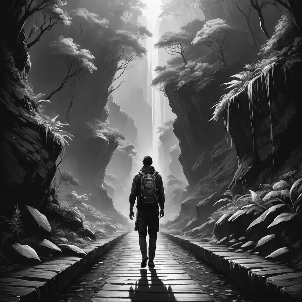 a man walking down a wooden walkway in a forest with a waterfall in the background and a waterfall in the middle of the picture, fantasy art, an ambient occlusion render, Cyril Rolando, ambient occlusion