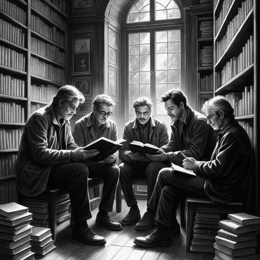 a group of men sitting in a library reading books together and looking at a book on a table next to them, magical realism, a storybook illustration, David Palumbo, storybook illustration
