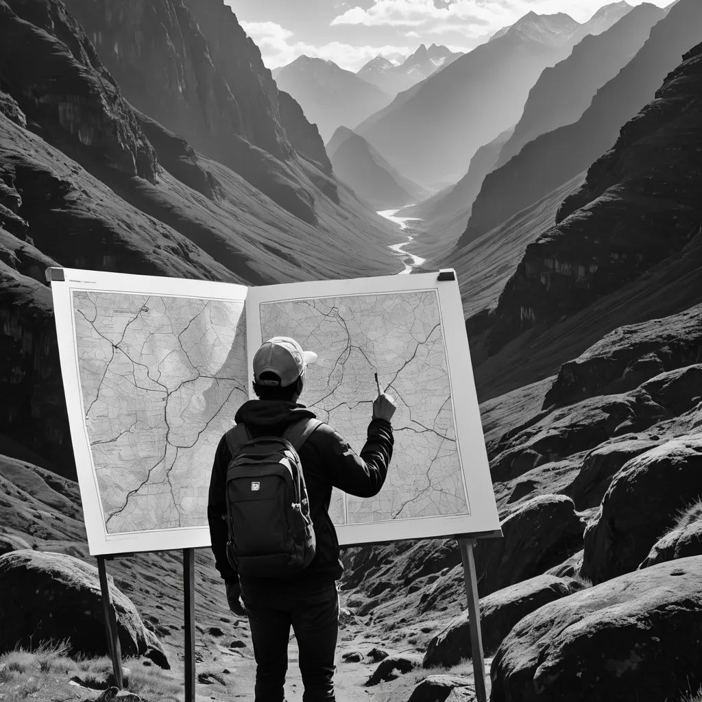 a man standing in front of a map on a mountain side with a backpack on his back and a map in his hand, new objectivity, a black and white photo, Daniel Lieske, liminal space