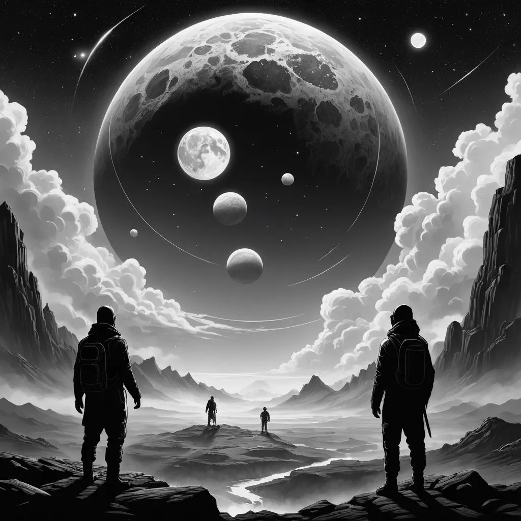 two people standing on a rocky cliff looking at the planets in the sky with clouds and stars above them, space art, an ultrafine detailed painting, David A. Hardy, sci fi