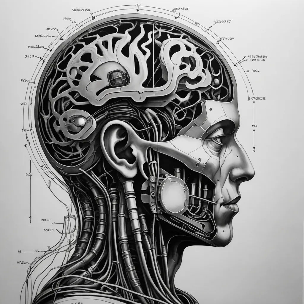 a drawing of a human head with a lot of wires in it's head and a lot of wires in the brain, analytical art, cyberpunk art, Dan Hillier, cybernetics