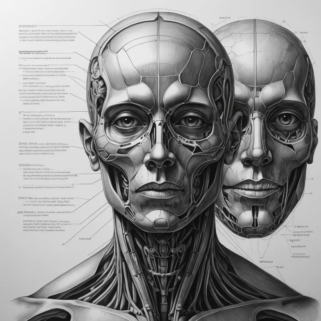 a drawing of two heads with muscles and their names on it's sides, and the words,, les automatistes, cyberpunk art, Android Jones, cybernetics
