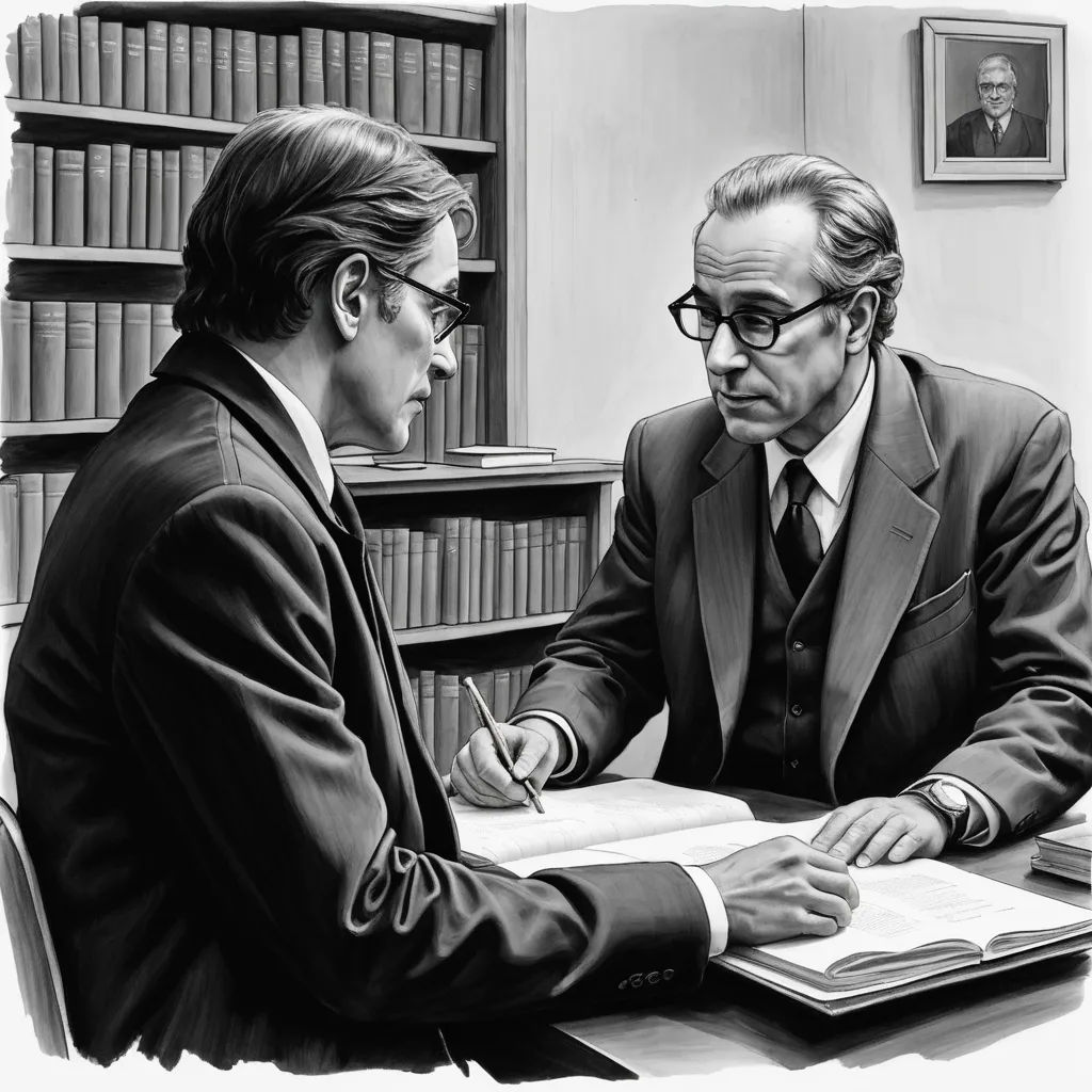 a drawing of two men sitting at a desk in front of a bookcase and a bookcase full of books, classical realism, an ultrafine detailed painting, David Palumbo, vfx