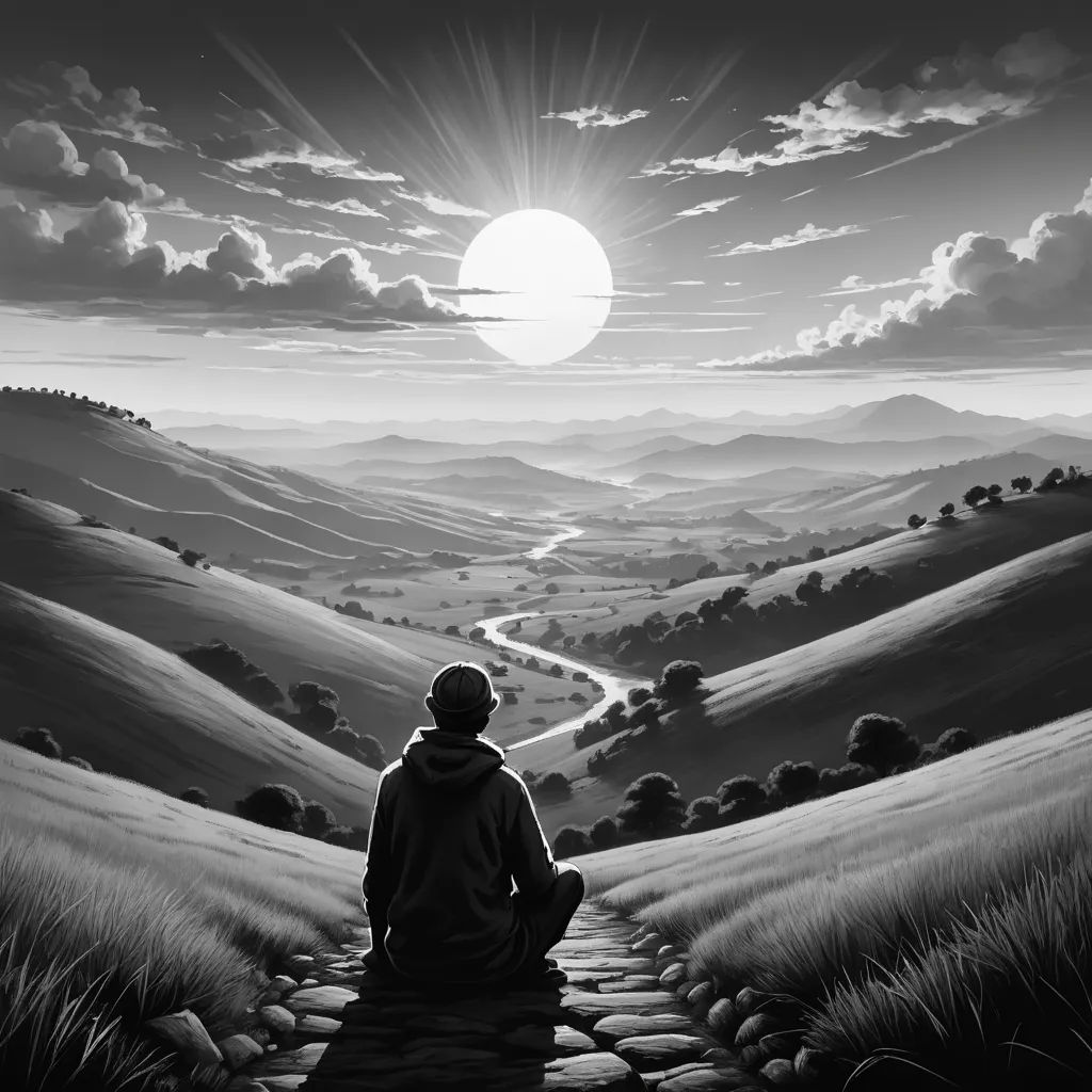 a person sitting on a stone path in the middle of a field with a sunset in the background and a person standing on the path, psychedelic art, an ultrafine detailed painting, Cyril Rolando, tranquil