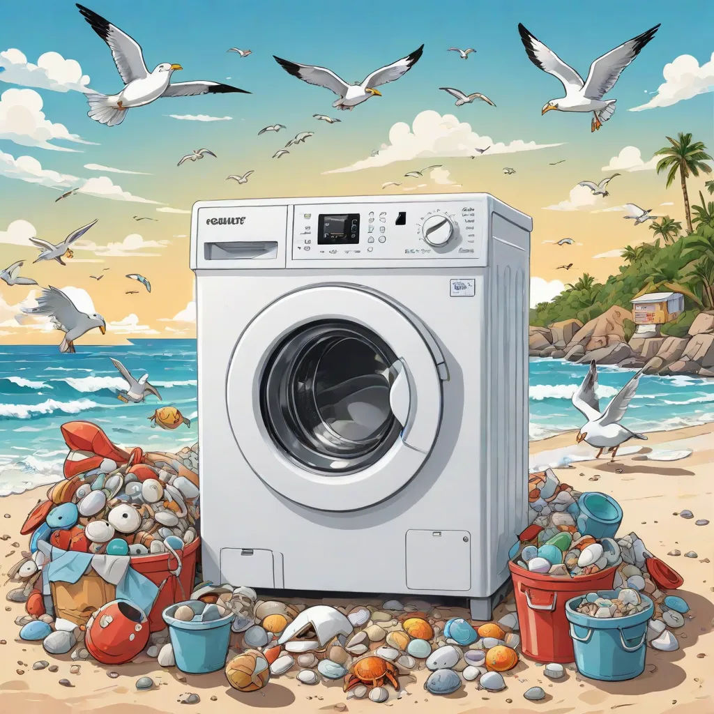 a washing machine on a beach with seagulls flying around it and a pile of trash on the ground, Chris LaBrooy, ecological art, a storybook illustration, highly detailed digital painting