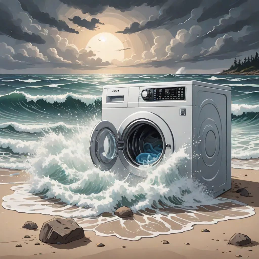 a washing machine on a beach with a storm in the background and a full moon in the sky above, Chris LaBrooy, surrealism, a surrealist painting, highly detailed digital painting