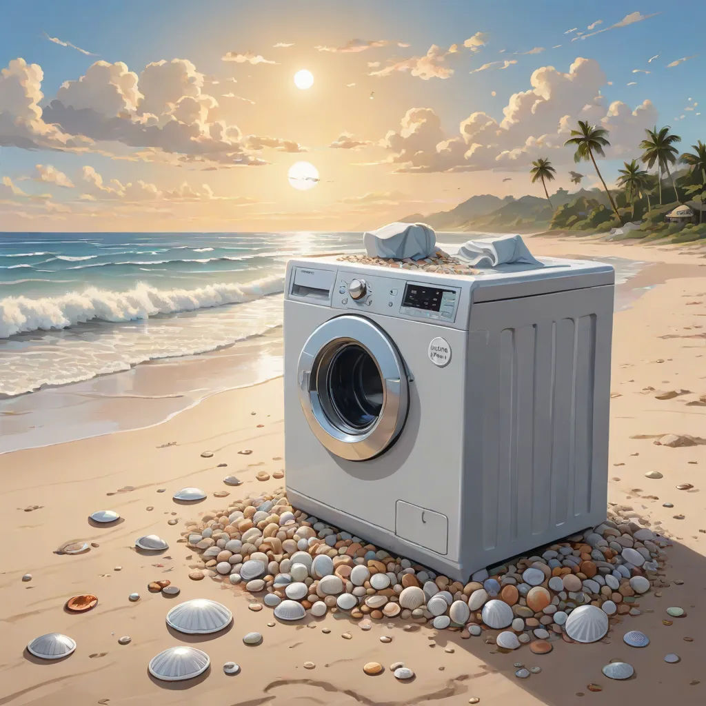 a washing machine sitting on top of a sandy beach next to the ocean with a sunset in the background, Chris LaBrooy, photorealism, a photorealistic painting, highly detailed digital painting