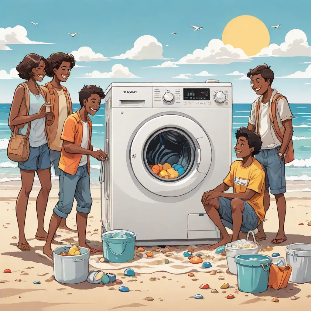 a family is standing on the beach next to a washing machine with a washing basket in it and a washing machine with a washing machine in it, Chris LaBrooy, environmental art, an illustration of, highly detailed digital painting