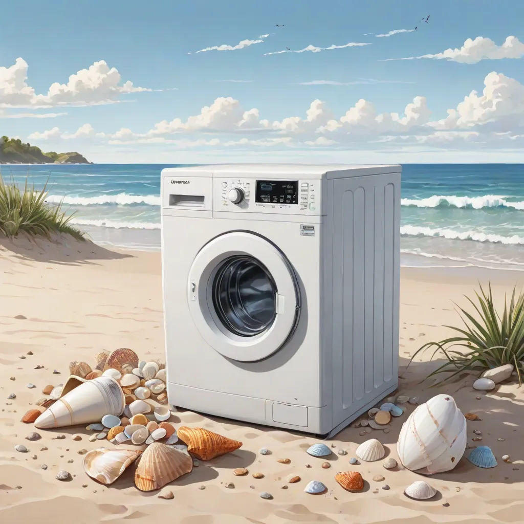 a washing machine sitting on top of a sandy beach next to the ocean and seashells on the sand, Chris LaBrooy, photorealism, a hyperrealistic painting, highly detailed digital painting