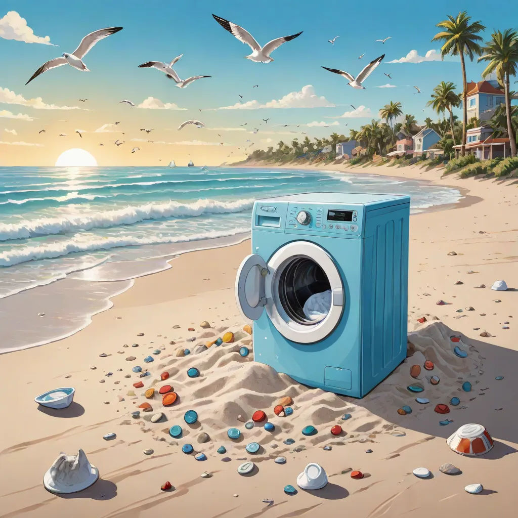 a washing machine on a beach with seagulls flying over it and a beachfront with a washing machine, Chris LaBrooy, american scene painting, a photorealistic painting, highly detailed digital painting