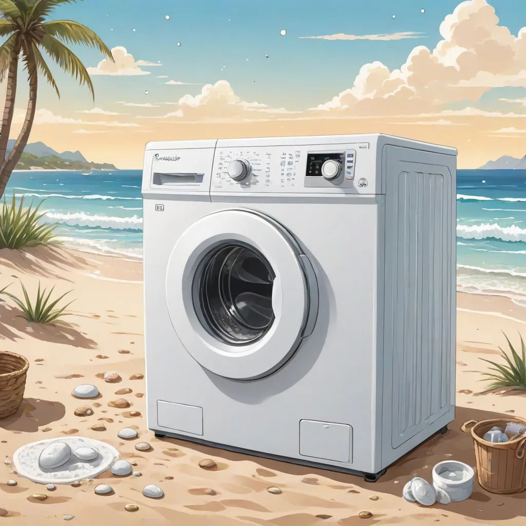 a washing machine on a beach with a basket of rocks and a basket of shells on the sand next to it, Chris LaBrooy, photorealism, a photorealistic painting, highly detailed digital painting