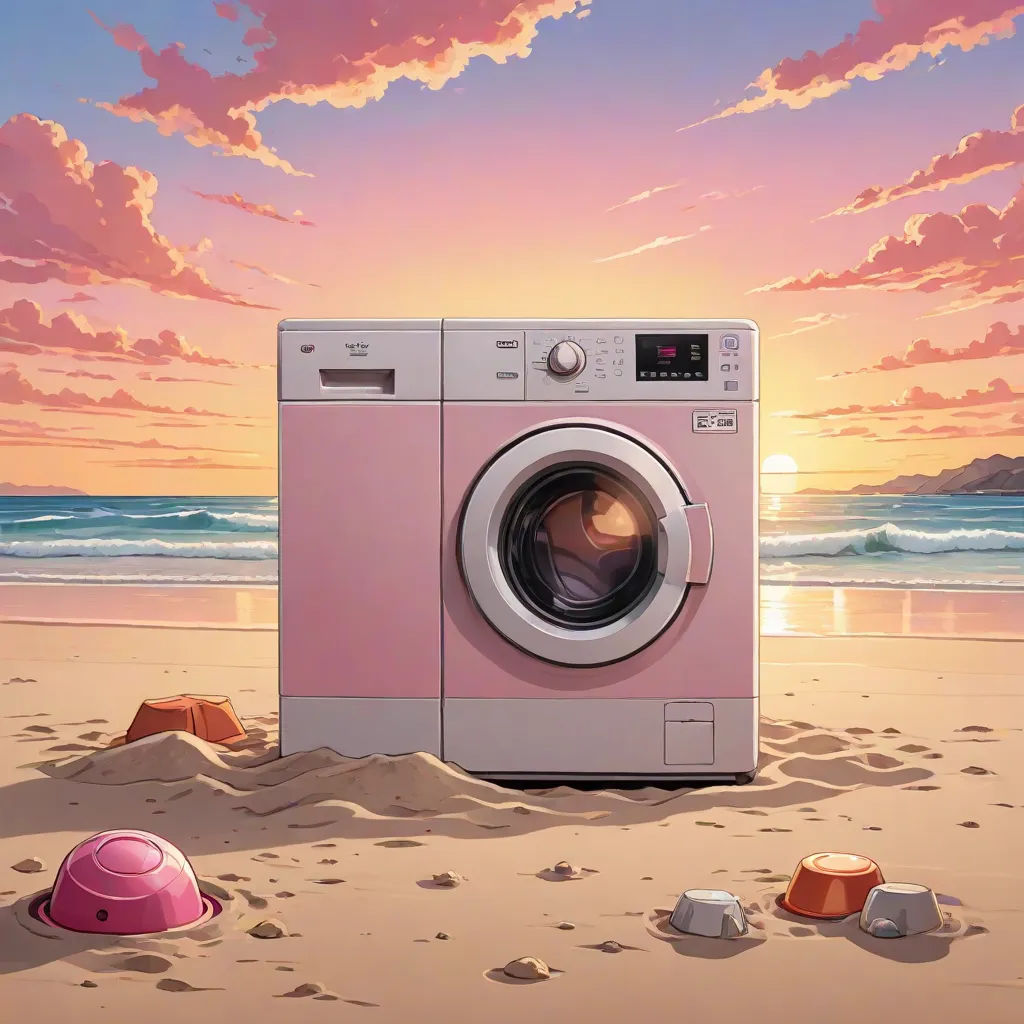 a washing machine on a beach with a pink sky in the background and a pink bowl of food in the foreground, Chris LaBrooy, american scene painting, a painting, yukito kishiro