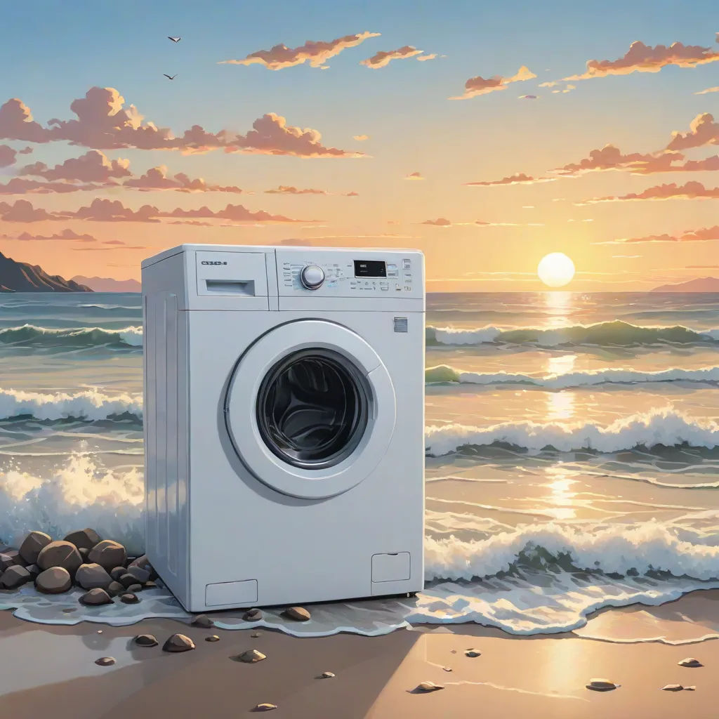 a washing machine sitting on top of a beach next to the ocean at sunset with a wave coming in, Chris LaBrooy, american scene painting, a photorealistic painting, extremely detailed oil painting