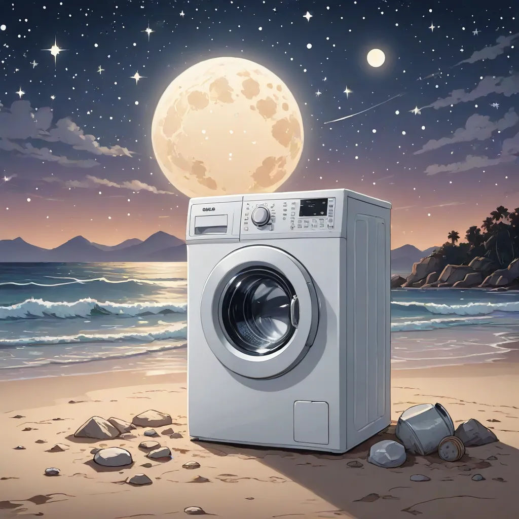 a washing machine on a beach with a full moon above it and rocks on the ground below it, with a beach and mountains in the background, Chris LaBrooy, space art, a storybook illustration, highly detailed digital painting
