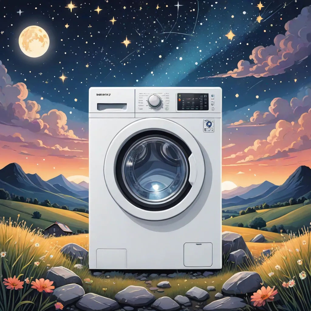 a washing machine sitting in a field with a full moon in the background and stars in the sky above, Chris LaBrooy, space art, a storybook illustration, rossdraws global illumination