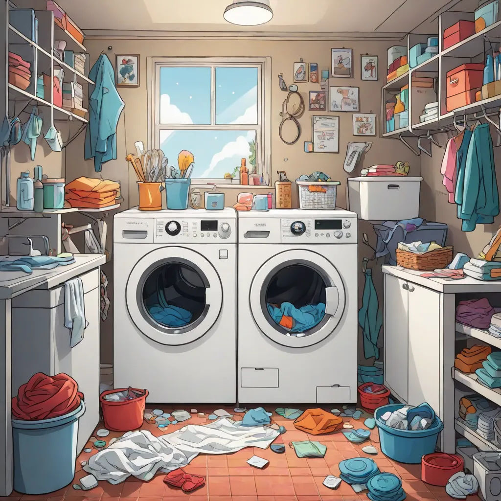 a cartoon of a laundry room with a washing machine and a lot of clutter on the floor and a window, Chris LaBrooy, photorealism, a detailed painting, highly detailed digital painting