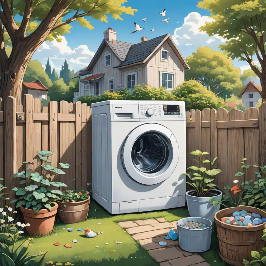 a painting of a washing machine in a yard with a house in the background and a garden with flowers, Chris LaBrooy, american scene painting, a storybook illustration, highly detailed digital painting