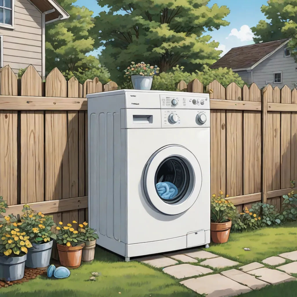 a washing machine in a yard with a fence in the background and flowers in pots on the ground in front of it, Evgeny Lushpin, american scene painting, a detailed matte painting, highly detailed digital painting