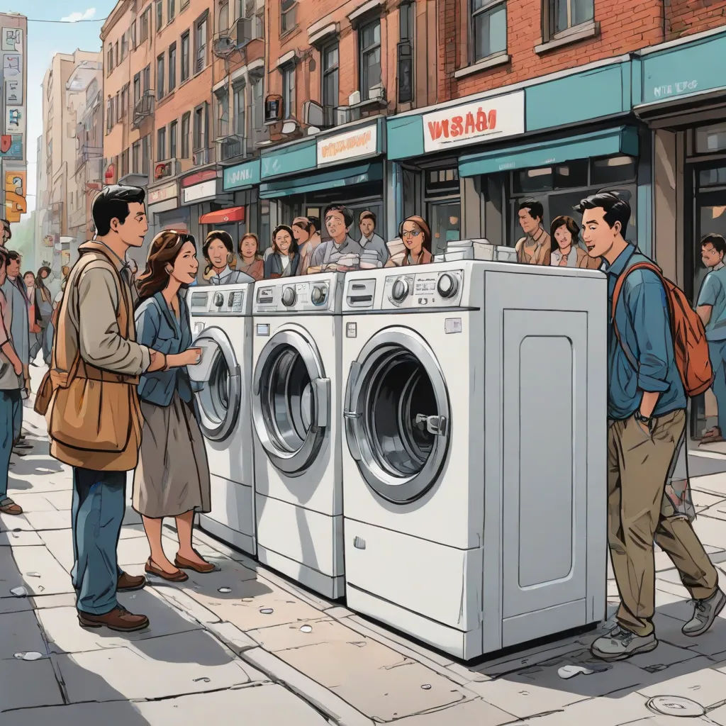 a group of people standing around a washing machine on a city street with a man looking at it while a woman looks at it, David Park, american scene painting, a digital rendering, highly detailed digital painting