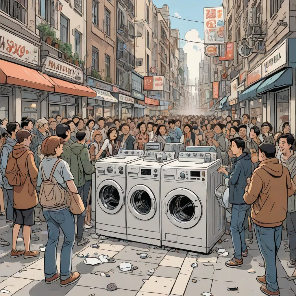 a crowd of people standing around a washing machine in a city street with a crowd of people standing around, Chris LaBrooy, context art, a comic book panel, detailed illustration