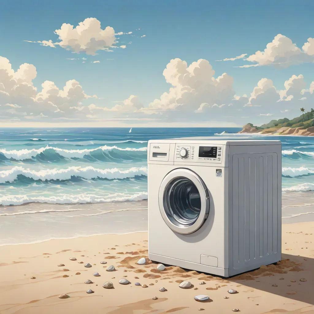 a washing machine sitting on top of a sandy beach next to the ocean with a painting of a beach, Chris LaBrooy, american scene painting, a hyperrealistic painting, official art