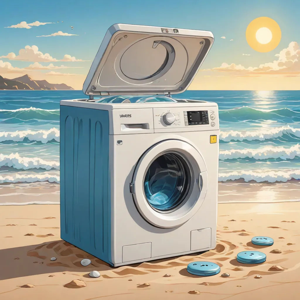 a washing machine on a beach with a sun in the background and a blue sky and clouds above it, Chris LaBrooy, photorealism, an ultrafine detailed painting, rossdraws global illumination