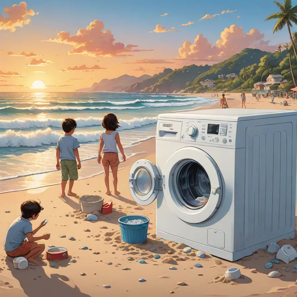a painting of two children playing on the beach with a washing machine and a washing basket in front of them, Chris LaBrooy, american scene painting, a storybook illustration, highly detailed digital painting