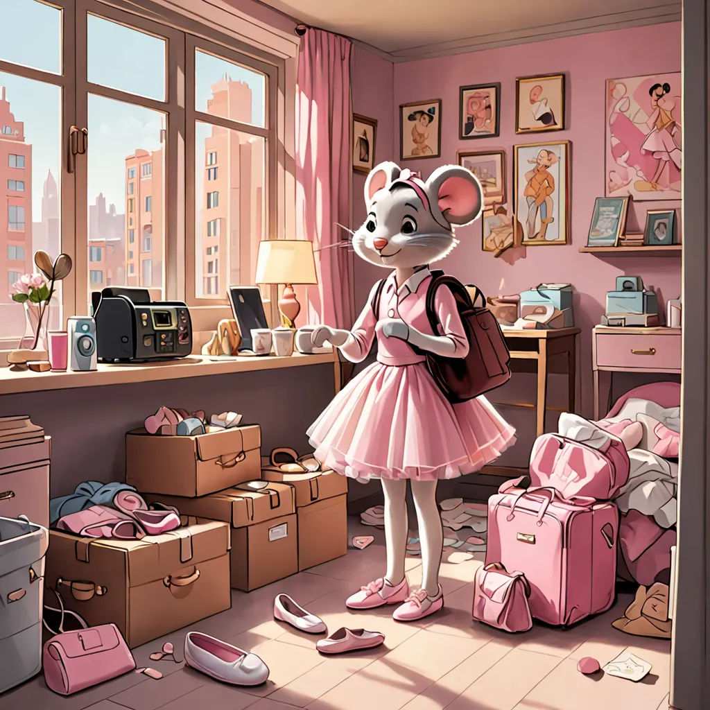 a mouse in a pink dress standing in a room with suitcases and shoes on the floor and a window, pop surrealism, a storybook illustration, Chris LaBrooy, rossdraws global illumination