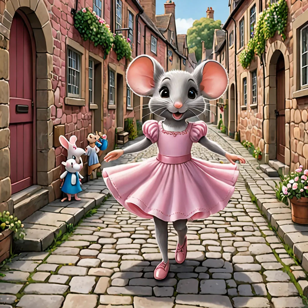 a cartoon mouse in a pink dress walking down a cobblestone street with a pink dress on and a pink mouse in a pink dress, furry art, a storybook illustration, Bob Byerley, storybook illustration