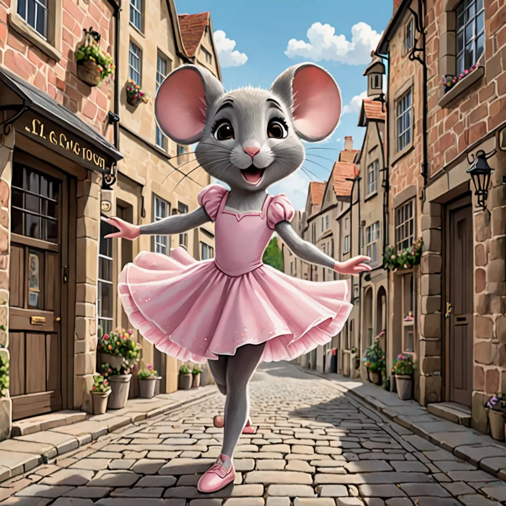 a cartoon mouse in a pink dress is dancing on a cobblestone street in a town with brick buildings, furry art, a digital rendering, Charlotte Harding, official art