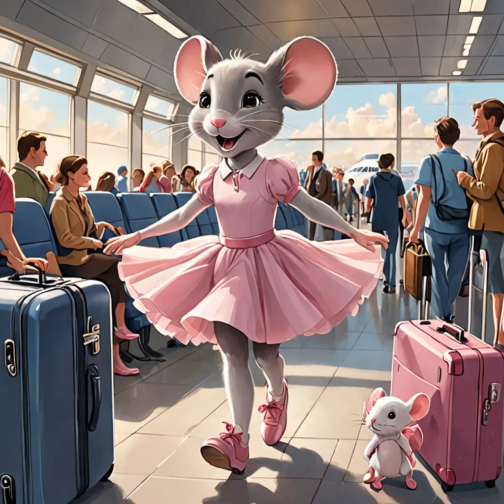 a cartoon mouse in a pink dress and pink shoes walking through a terminal with luggage and people in the background, furry art, a storybook illustration, disney, official art