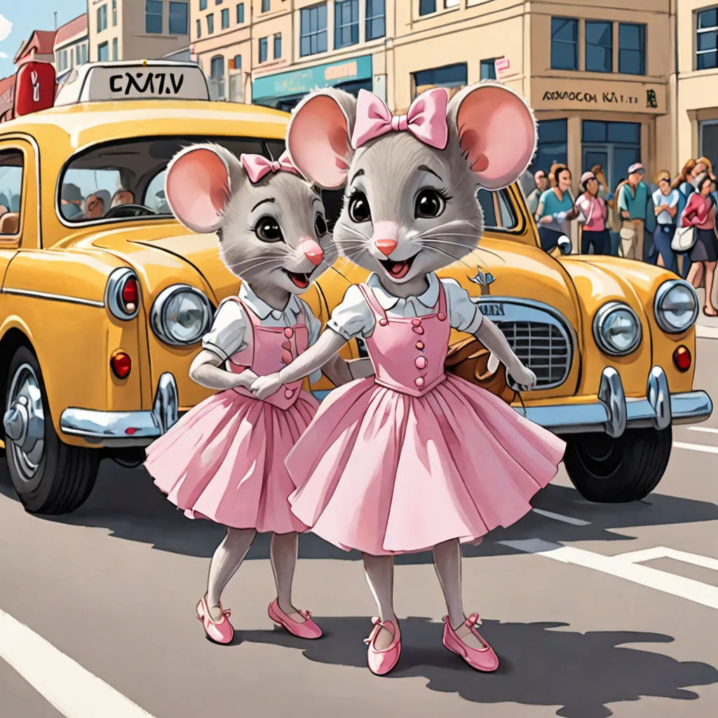 a couple of mice that are standing in the street together in front of a car and people in the background, kitsch movement, a digital rendering, Bob Byerley, official art