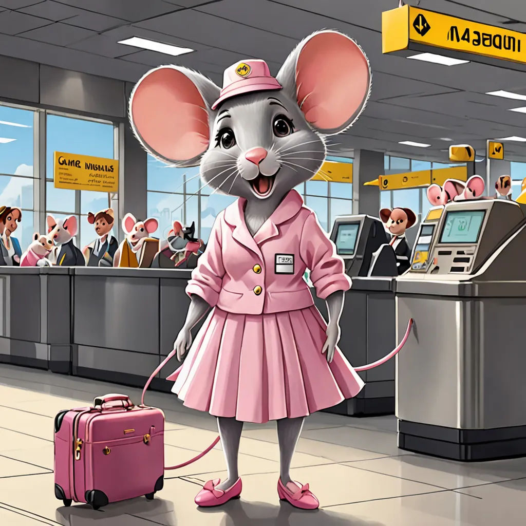 a cartoon mouse in a pink dress and hat with luggage in front of a bank with people in the background, furry art, a storybook illustration, Chica Macnab, promotional image