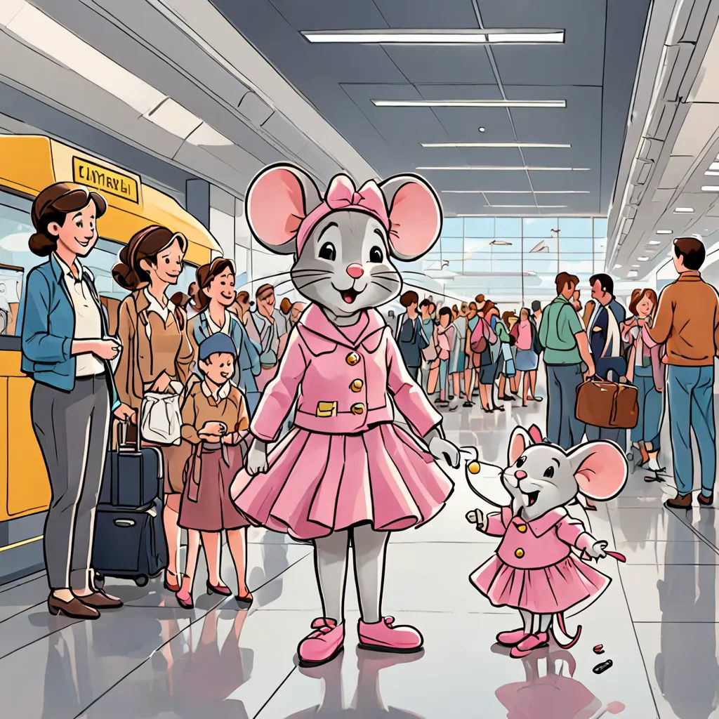 a cartoon of a mouse and a girl in a pink dress and a crowd of people in a subway station, retrofuturism, a comic book panel, Chris Ware, official art