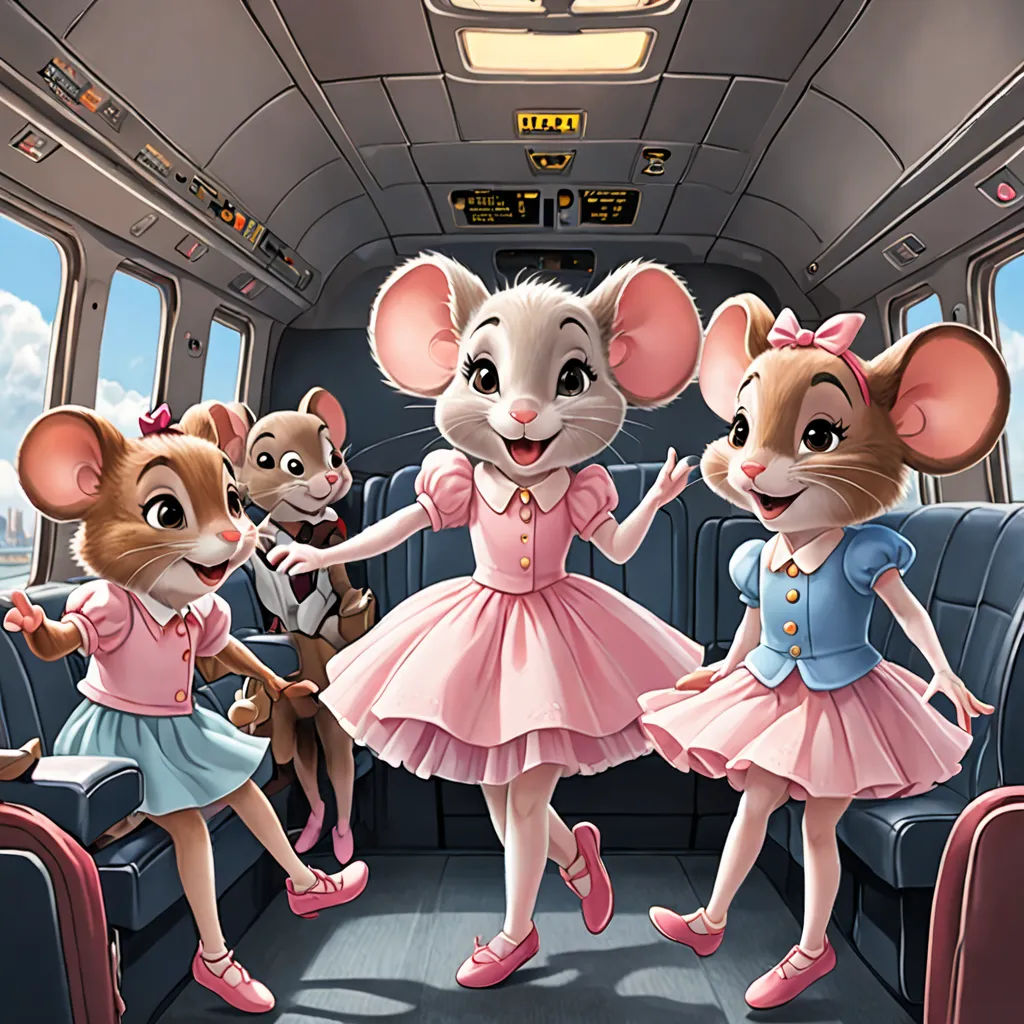 a group of mice in a train with a girl in a pink dress and a girl in a blue dress, furry art, a digital rendering, disney, official art