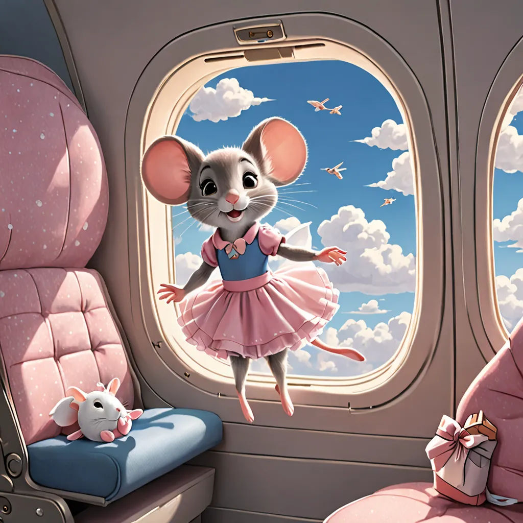 a cartoon mouse flying in the sky with a pink dress and a pink bow on her head and a pink chair, furry art, a storybook illustration, Chris LaBrooy, storybook illustration