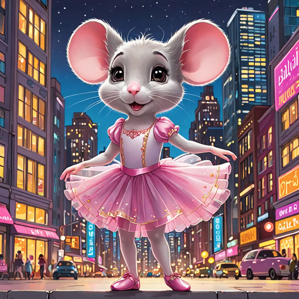 a cartoon mouse in a pink dress standing on a sidewalk in a city at night with buildings and cars, furry art, a storybook illustration, Daphne McClure, official art