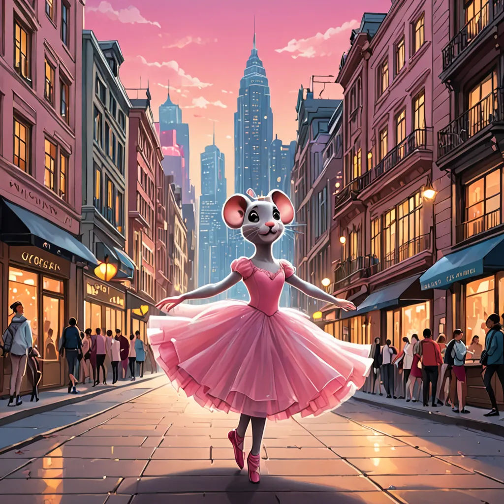 a cartoon mouse in a pink dress walking down a street in a city at sunset with people walking around, lyco art, a storybook illustration, Chris LaBrooy, official art
