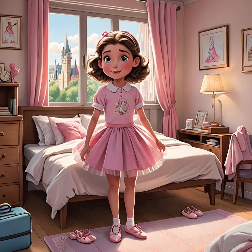 a girl in a pink dress standing in a pink bedroom with a pink rug and pink curtains and a pink suitcase, american scene painting, a storybook illustration, disney, storybook illustration
