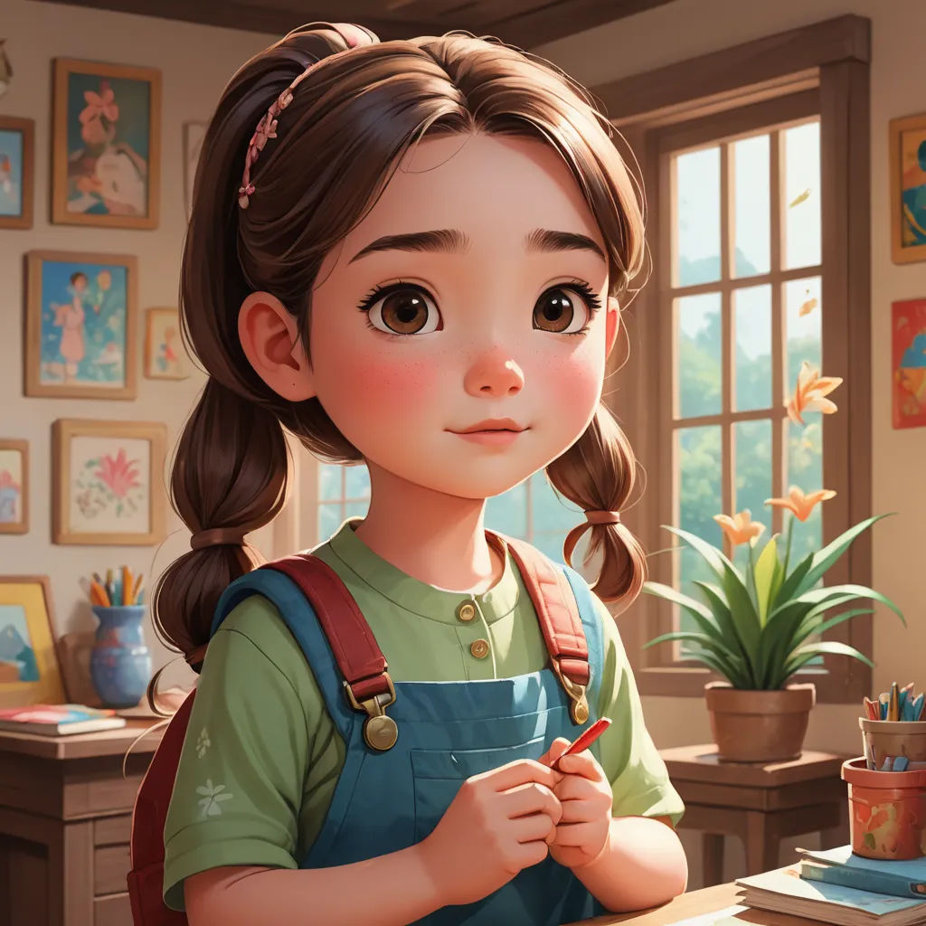a girl with a ponytail is standing in front of a desk with a potted plant and a window, photorealism, an oil painting, Chen Hong, cgstudio