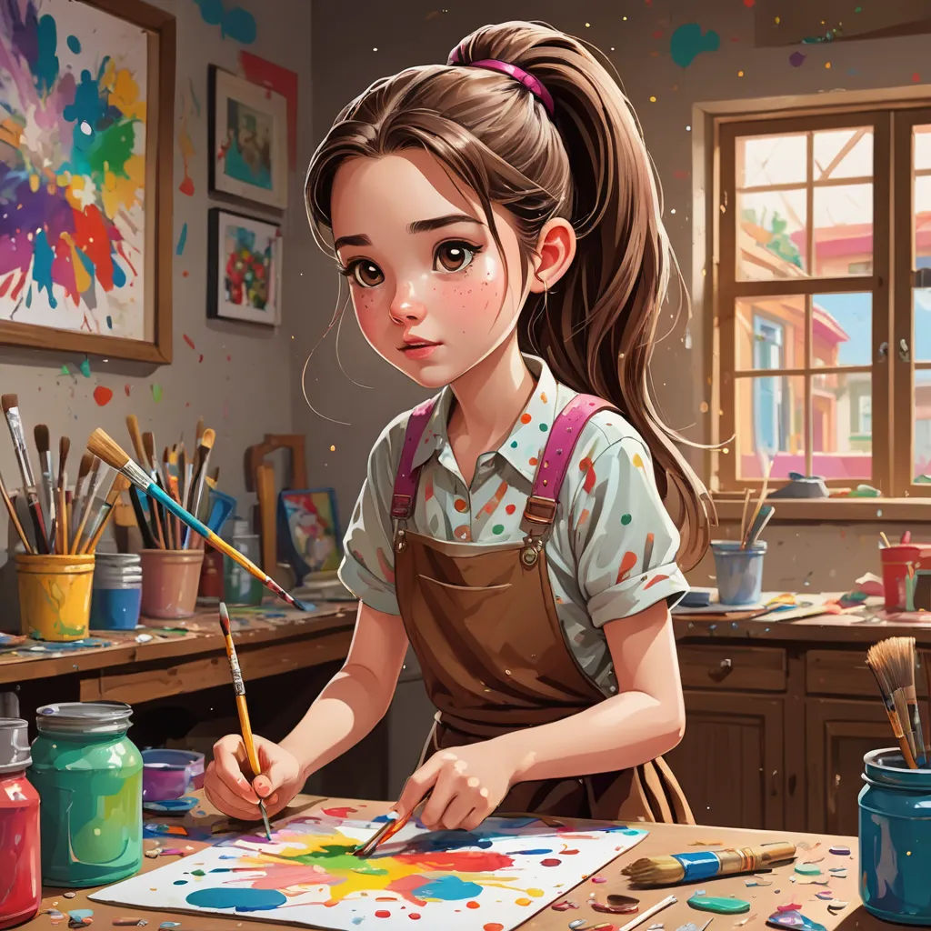 a girl is painting in a room with a window and a table with paint and brushes and a palette, cloisonnism, a detailed painting, artist, art station