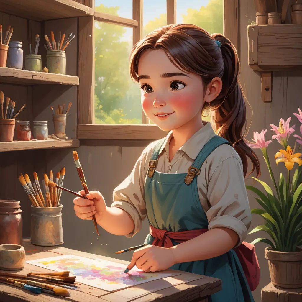 a painting of a girl holding a paintbrush and a paintbrush in her hand and a pot of flowers in the background, fantasy art, a detailed painting, artist, trending on art station