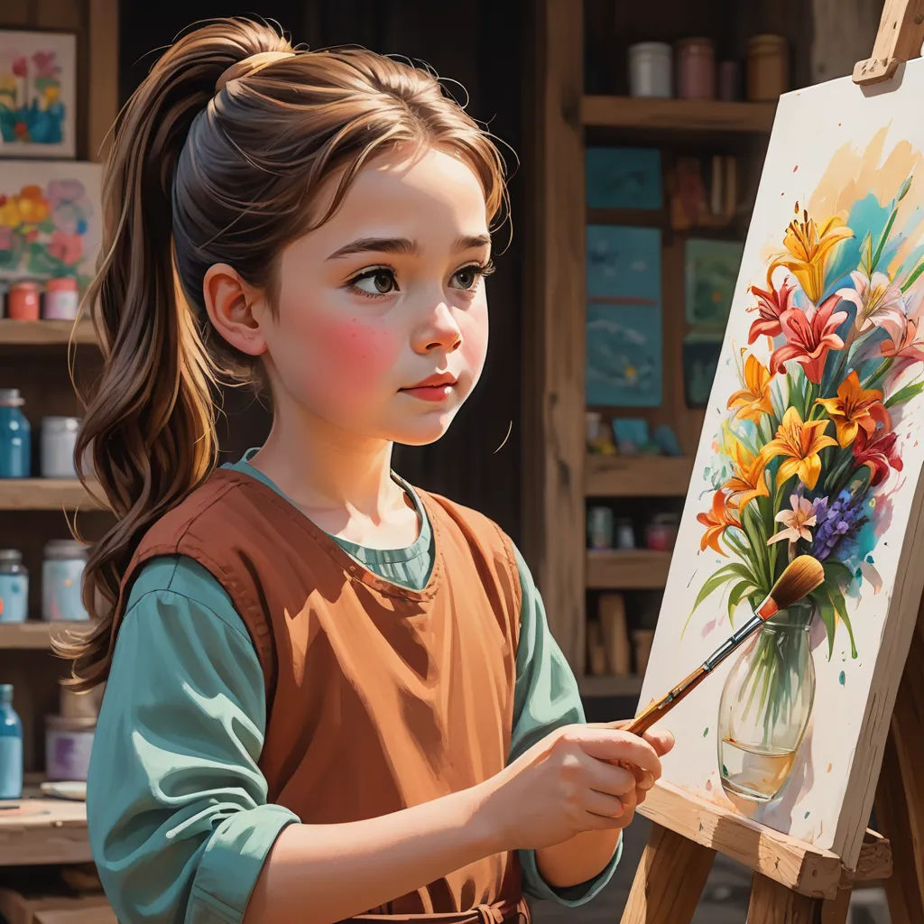 a young girl painting flowers in a vase on a easel with a brush in her hand and a palette in her other hand, photorealism, a detailed painting, artist, extremely detailed oil painting