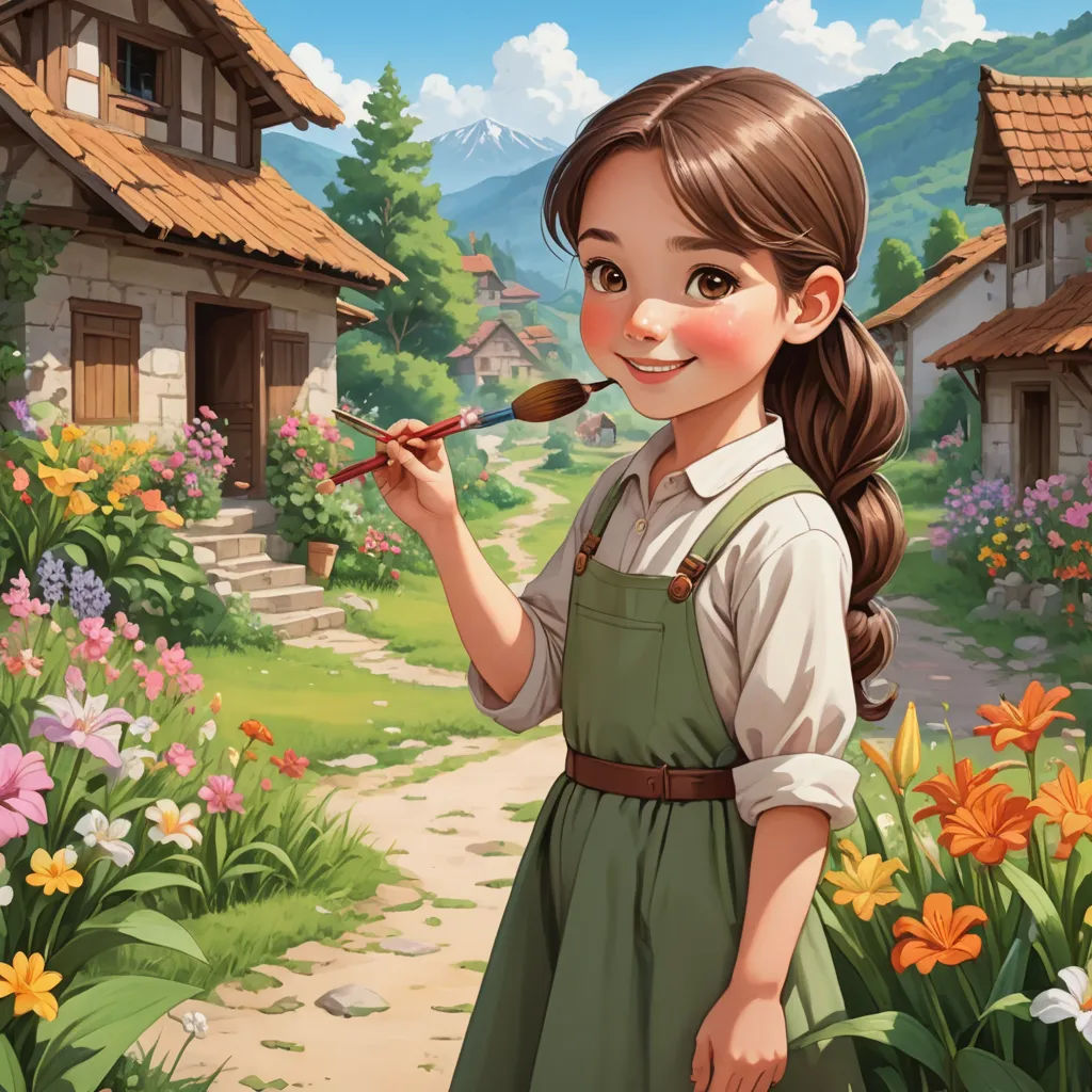 a girl in a green dress is holding a spoon in her hand and a house in the background is painted with flowers, fantasy art, a storybook illustration, Alice Prin, kinkade