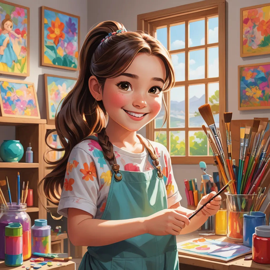 a girl is painting in a room with many paintings on the walls and a window behind her is a window with a view of a mountain, american scene painting, a detailed painting, artist, kinkade