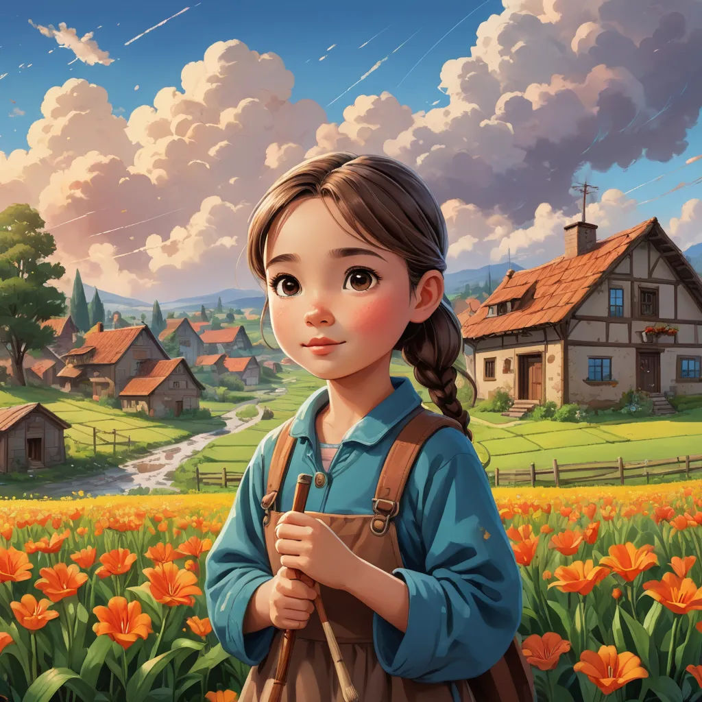a painting of a girl standing in a field of flowers with a house in the background and a sky with clouds, naive art, a storybook illustration, artist, trending on art station