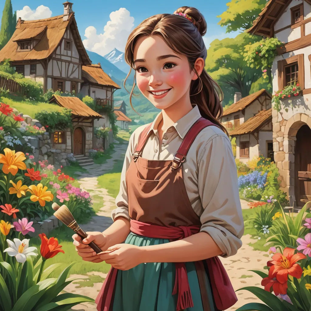 a painting of a girl holding a paintbrush in front of a village with flowers and a path leading to a house, fantasy art, a storybook illustration, Bob Byerley, kinkade
