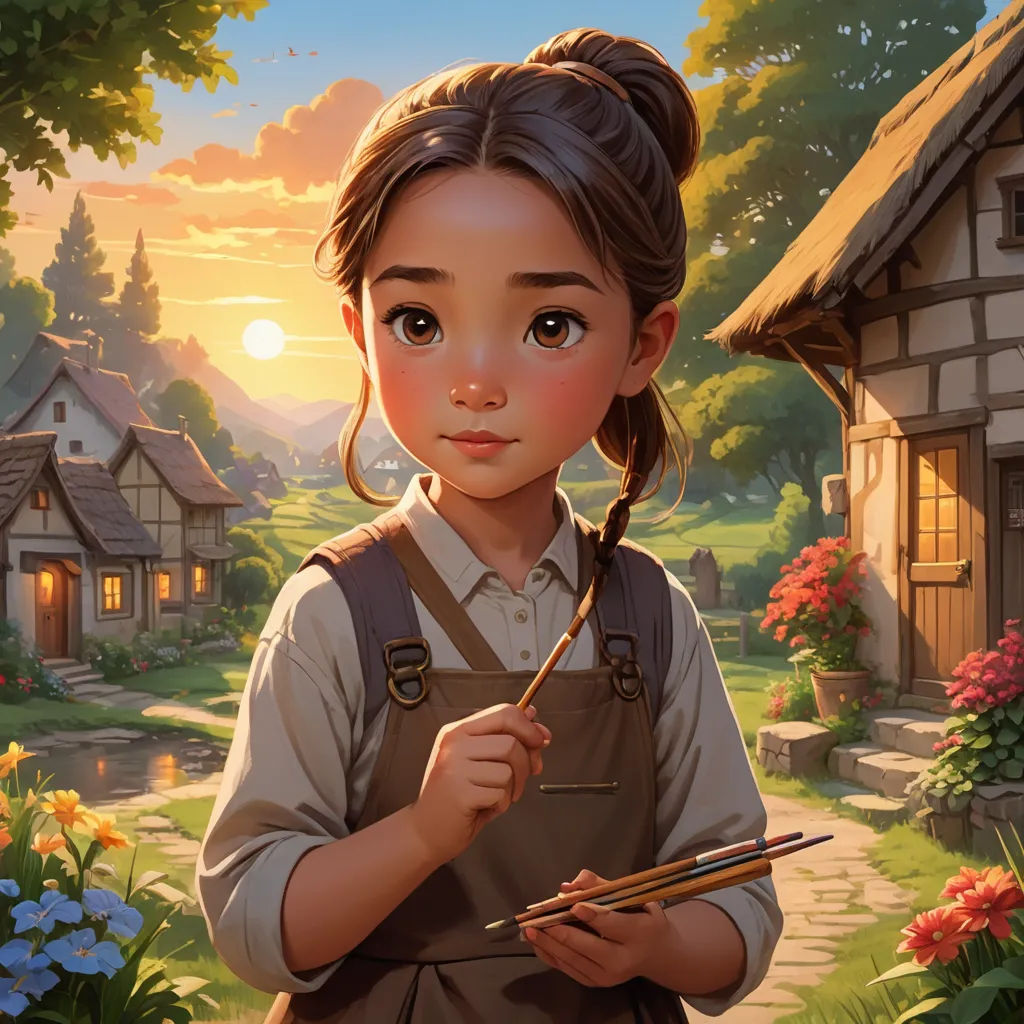 a girl holding a pair of scissors in front of a house with flowers and a sunset in the background, fantasy art, a storybook illustration, Artgerm, kinkade